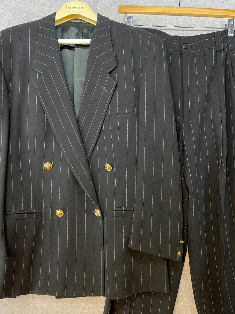 Gianni Versace 90s Vintage 2 Piece Suit Set Black Pinstripe Medusa Buttons